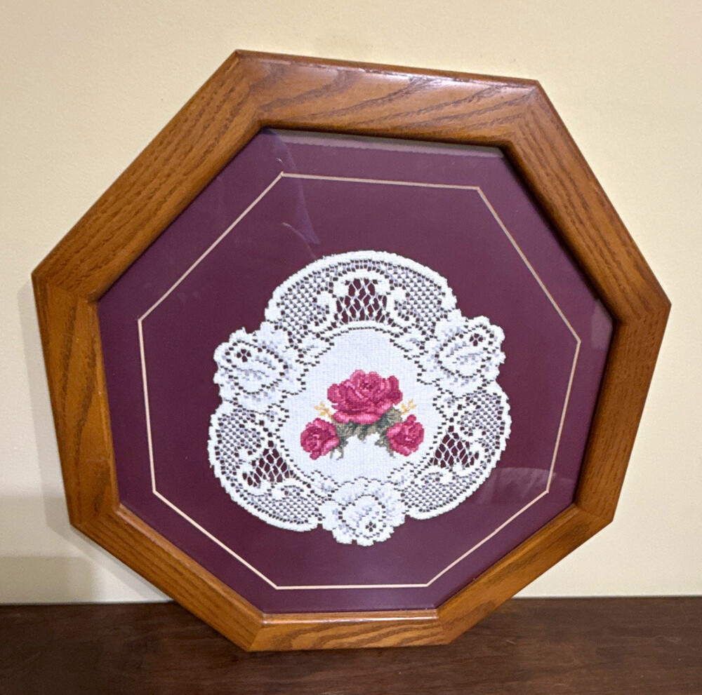 Vintage Cottagecore Framed Needlepoint Rose Lace Doily Octagonal Wood ShadowBox